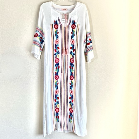 Floral Embroidered Dress Tassels Maxi Kaftan Linen Colorful Boho - Picture 2 of 14